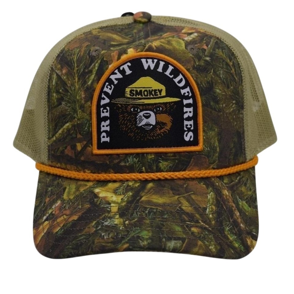 Smokey Bear Only You Can Prevent Wildfires Camo Rope Mesh Snapback Hat Cap NEW